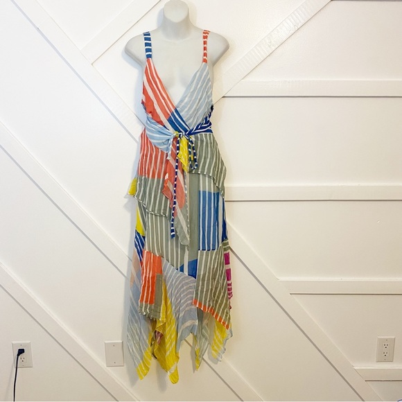 Tanya Taylor Goldie Striped Colorblock Patchwork V-Neck Handkerchief Midi Dress - Picture 3 of 14